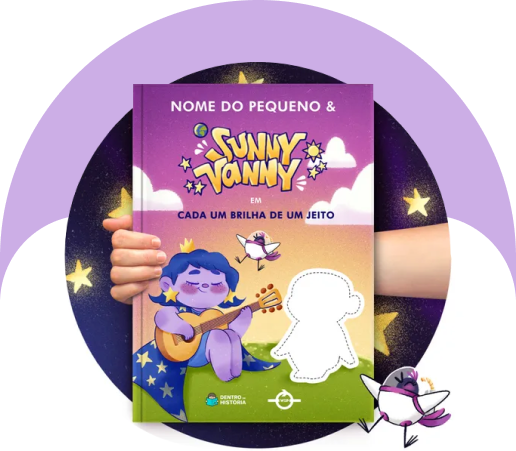 Mão segurando livro customizável Sunny Vunny, "Cada um brilha de um jeito"